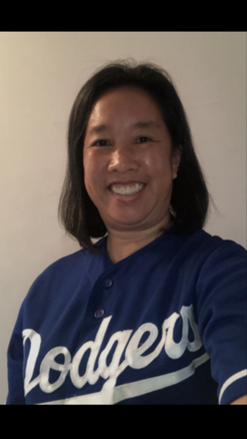 Mrs. Lew celebrates the Dodgers taking the World Series.