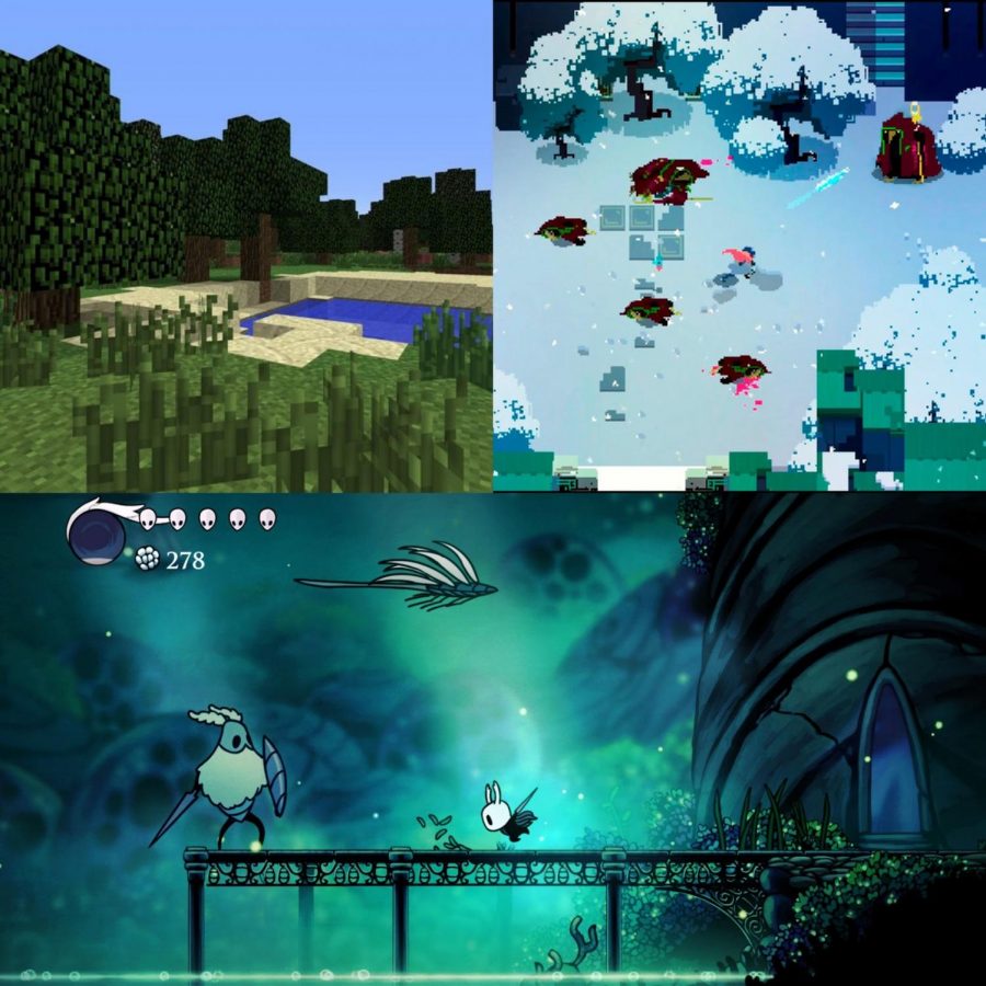 Minecraft by Mojang (top left,) Hyper Light Drifter by Heart Machine (top right), and Hollow Knight by Team Cherry (bottom.)
