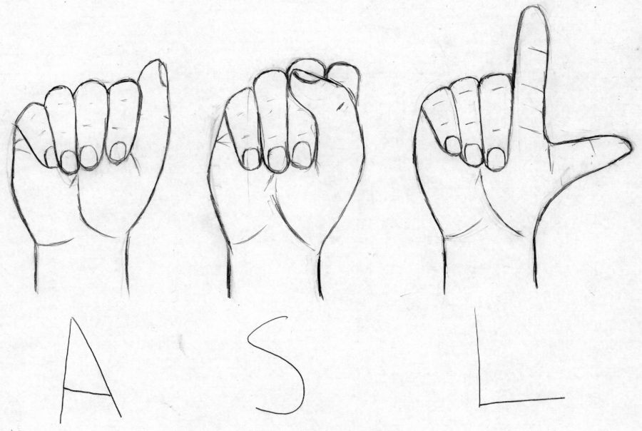 Hand signals spell out the initials for ASL, American Sign Language.