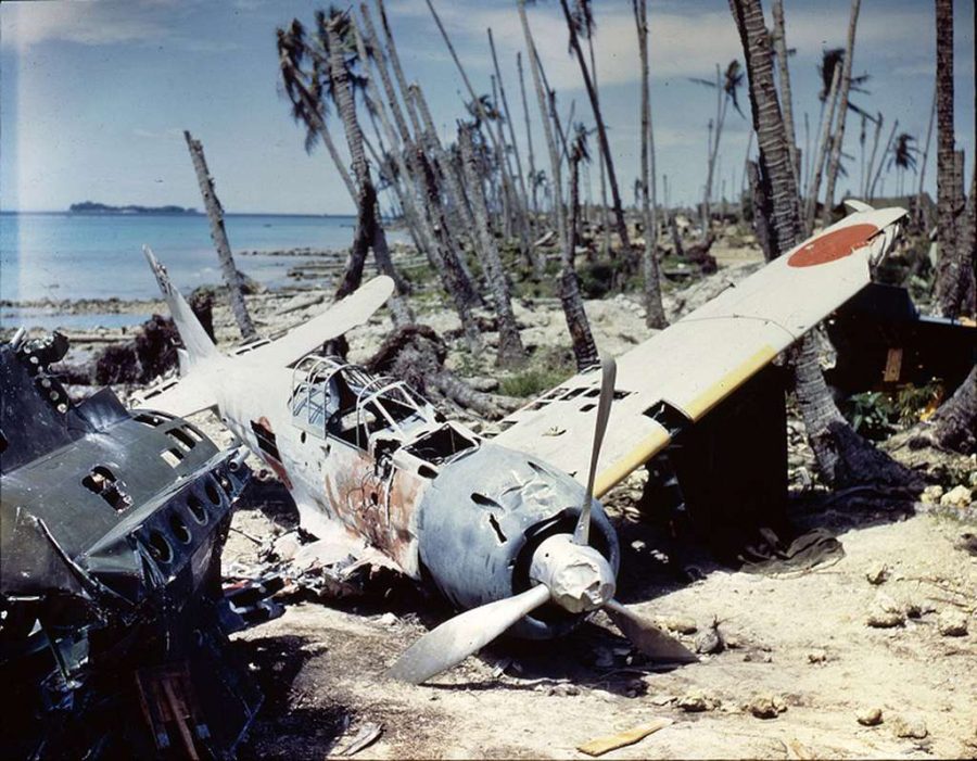 A Japanese Mitsubishi A6M3 Zero (T2-157) abandoned at Munda Airfield (Central Solomon Islands), after the Allied Invasion, September 1943.